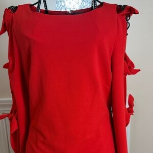 Vince Camuto Red Bell Split Sleeve Dress with 3 Bows on each sleeve